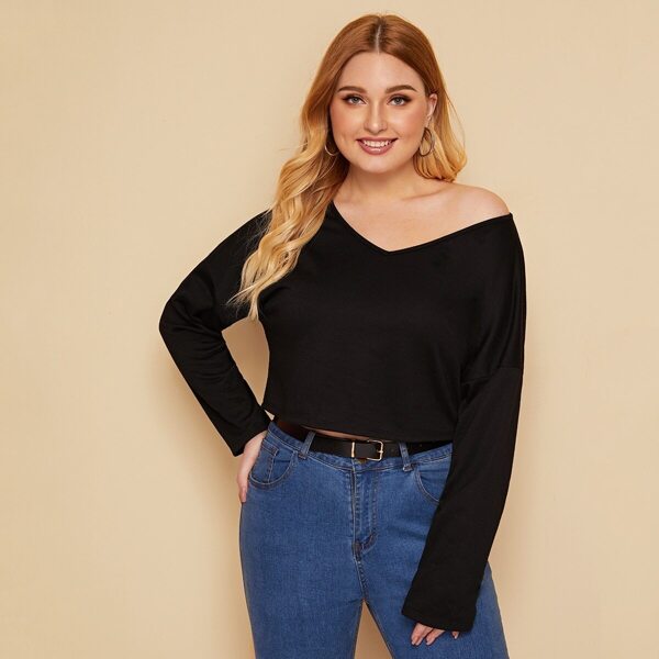 

Plus V-neck Drop Shoulder Solid Pullover, Black
