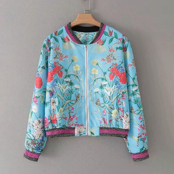 

Contrast Binding Floral Print Zipper Jacket