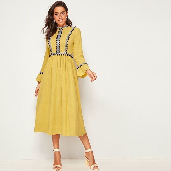 

Pompom Detail Embroidered Tape Dress, Yellow