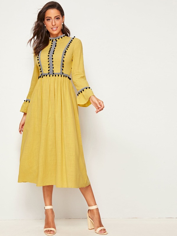 

Pompom Detail Embroidered Tape Dress, Yellow, Mary P.