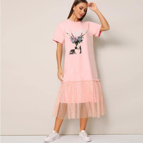 

Flounce Mesh Hem Sequin Patch T-shirt Dress