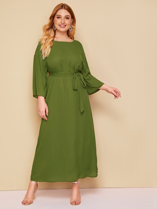 

Plus Drop Shoulder Belted Dress, Army green, Nora