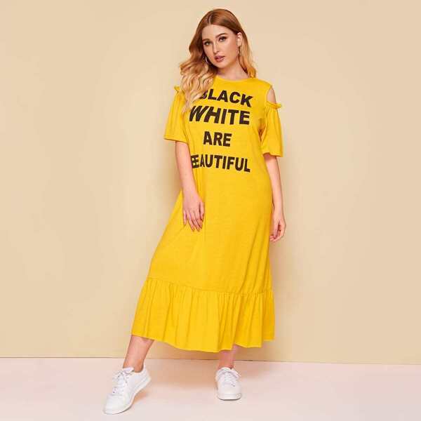 

Plus Slogan Print Cold Shoulder Ruffle Trim Dress