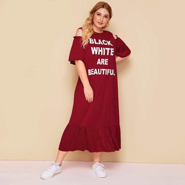 Plus Cold Shoulder Frill Trim Slogan Print Dress