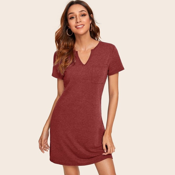 

Notched Neck Pocket Patched Tee Dress