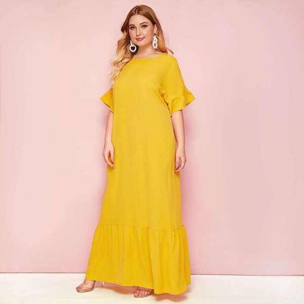 

Plus Ruffle Cuff Slant Pocket Flippy Hem Dress