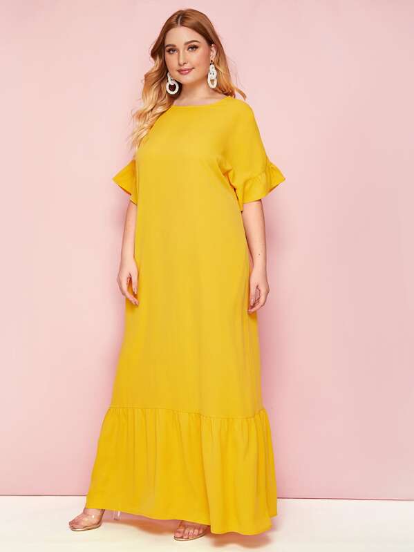 Plus Ruffle Cuff Slant Pocket Flippy Hem Dress, Yellow, Nora