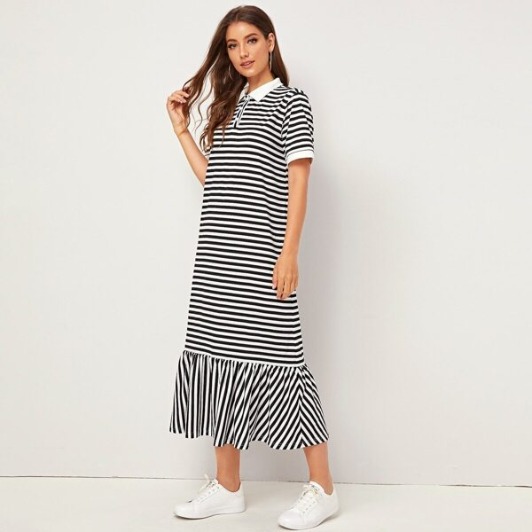 

Flounce Hem Striped Polo Collar Dress