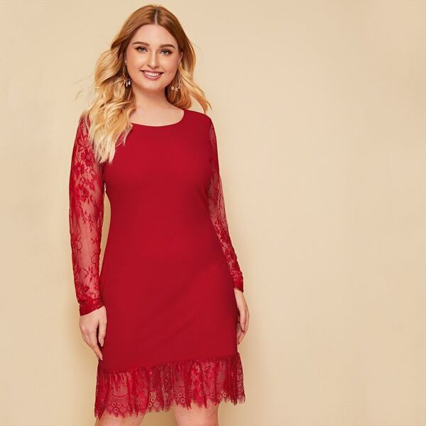 

Plus Solid Lace Sleeve Ruffle Trim Dress