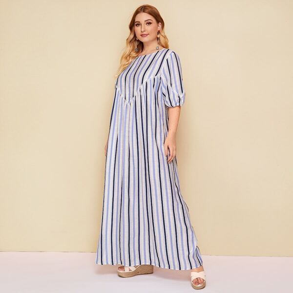 

Plus Chevron Lace Trim Striped Tent Dress