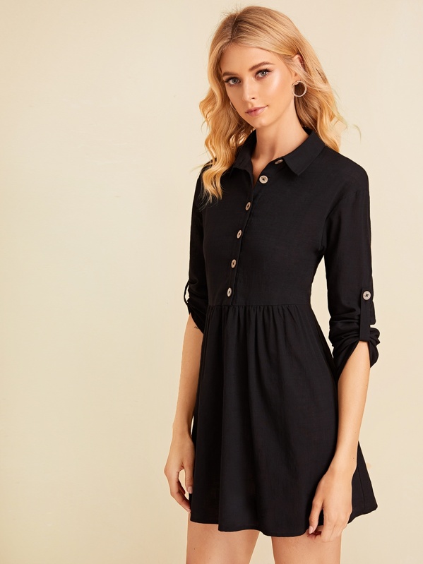 

Collared Buttoned Front Roll Up Sleeve Dress, Black, Layson