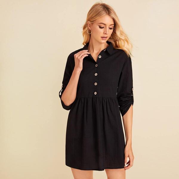 

Collared Buttoned Front Roll Up Sleeve Dress, Black