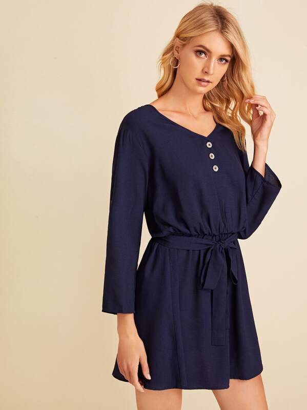 

Solid Button Detail Belted Dress, Navy, Layson