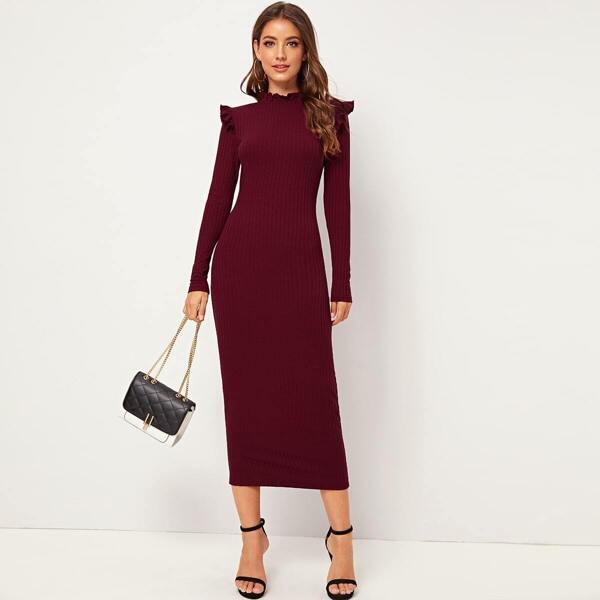 

Keyhole Back Frill Trim Rib-knit Pencil Dress, Burgundy