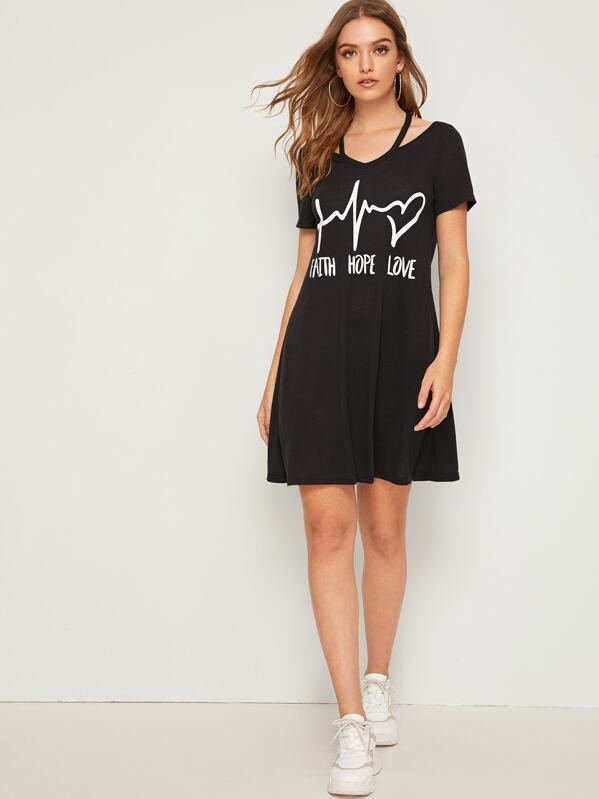 

Cut Out Graphic and Slogan Print Dress, Black, Luiza