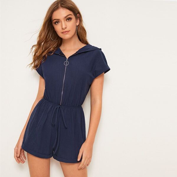 

Solid Zipper Fly Tie Front Hooded Jumpsuit, Navy