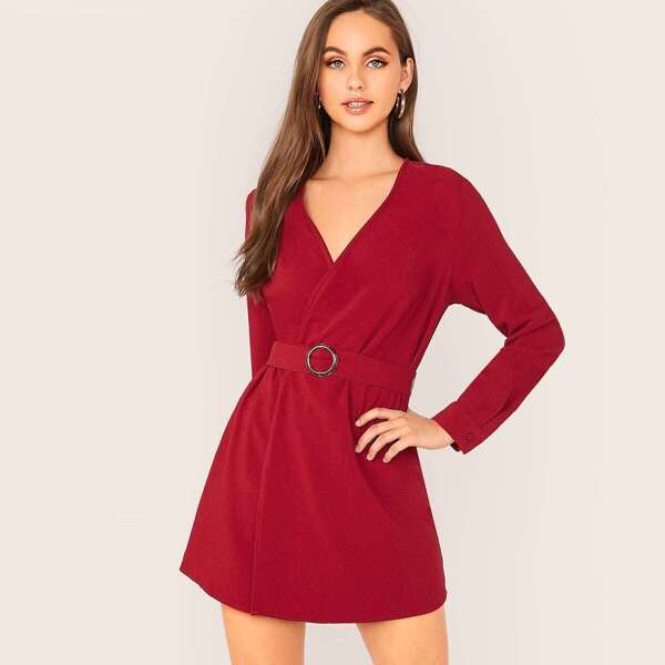 

O-ring Belted Wrap Romper, Burgundy