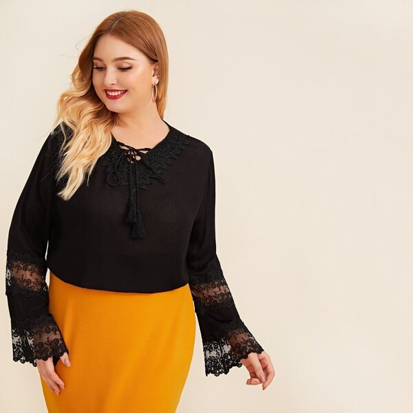 

Plus Bell Sleeve Lace Contrast Lace-up Blouse, Black