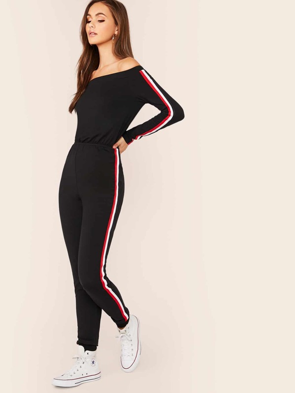 

Off Shoulder Striped Tape Side Jumpsuit, Black, Lily Easton