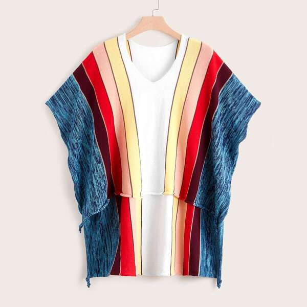 

Plus Block Stripe Batwing Sleeve Sweater, Multicolor
