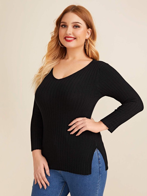 

Plus Split Side Solid Sweater, Black, Nora