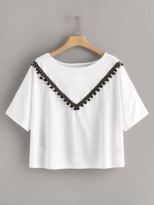 

Plus Pom Pom Detail Drop Shoulder Tee, White