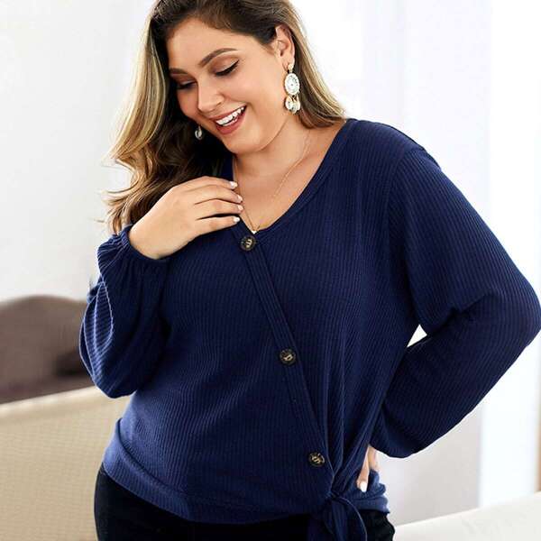 

Plus Ribbed Surplice Wrap Top, Navy