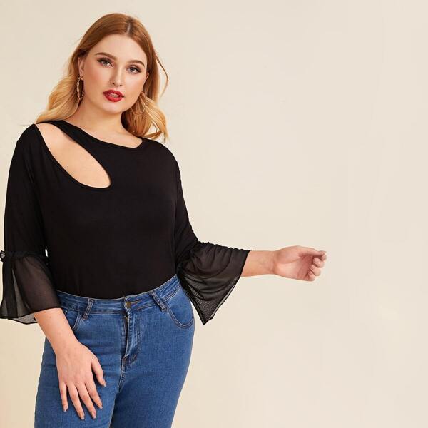 

Plus Contrast Mesh Sleeve Asymmetrical Neck Tee
