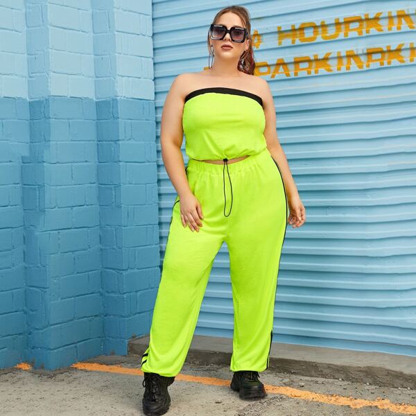 

Plus Bandeau Drawstring Top & Stripe Side Pants, Green bright
