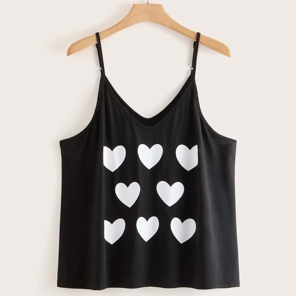 

Plus Heart Print Cami Top, Black and white