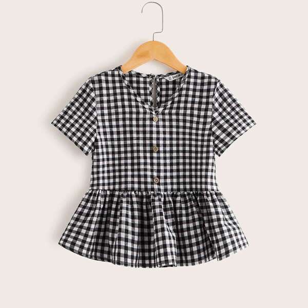 

Girls Button Detail Ruffle Hem Gingham Top