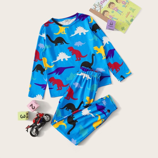 

Boys Dinosaur Print Top and Pants PJ Set, Blue bright