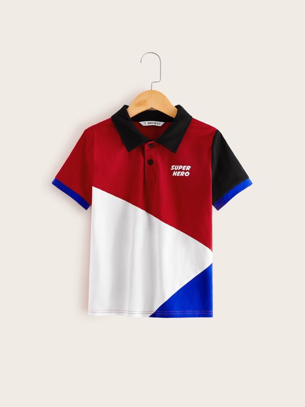 

Рубашка-поло с контрастным воротником и текстовым принтом для мальчиков, Многихцветный