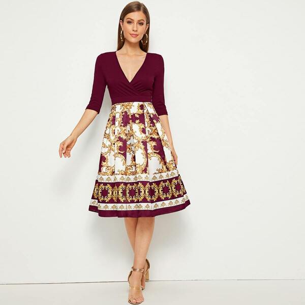 

Plunging Neck Scarf Print Boxy Pleated Dress, Multicolor