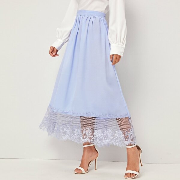 

Wide Band Waist Lace Hem Solid Skirt, Blue pastel