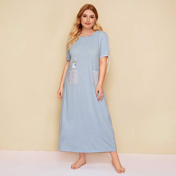 

Plus Tie Cuff Cartoon Print Striped Pocket Patched Nightdress