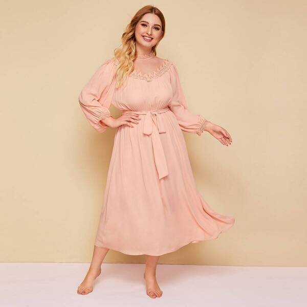

Plus Mesh Yoke Guipure Lace Trim Self Belted Nightdress, Pink pastel
