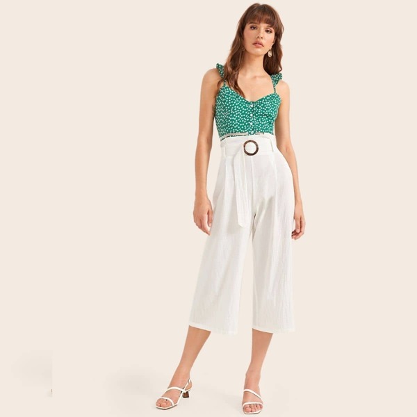 

High Waist Ring Belted Capris Pants, White