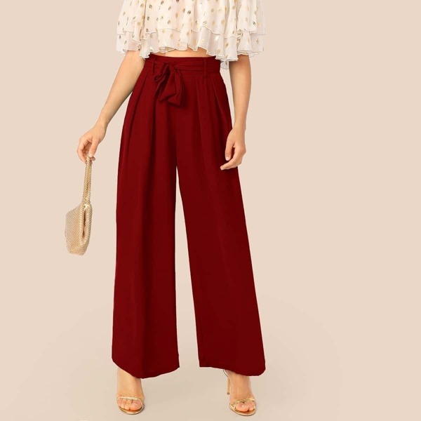 

Solid Belted Zip Side Wide Leg Pants, Burgundy