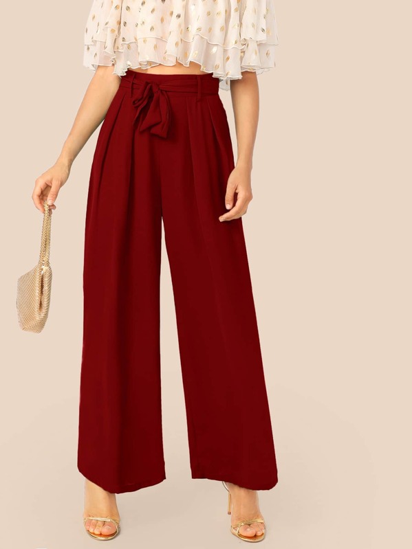 

Solid Belted Zip Side Wide Leg Pants, Burgundy, Carolina Sanchez