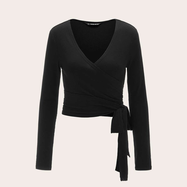 

Plunging Long Sleeve Cropped Wrap Top, Black