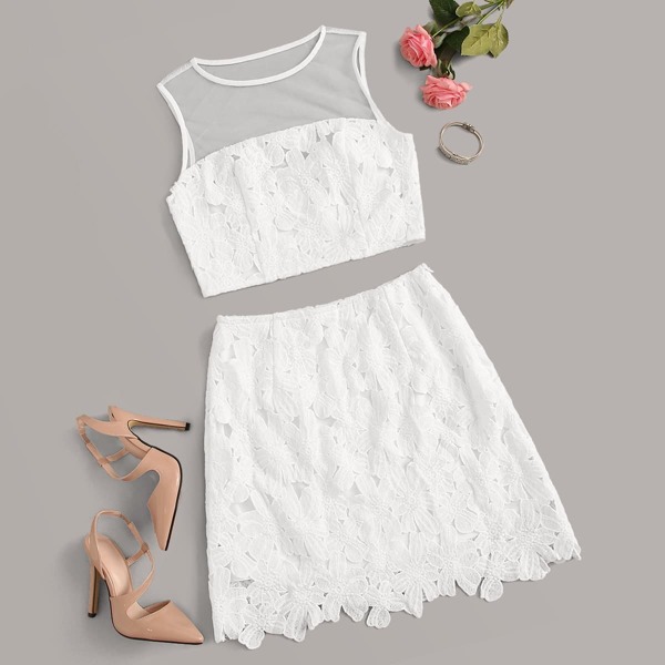 

Mesh Insert Lace Overlay Tank Crop Top & Skirt Set, White