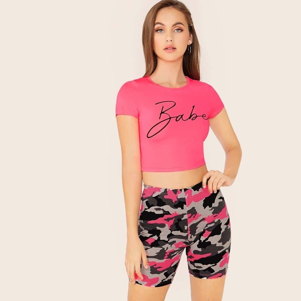 

Neon Pink Letter Print Top & Camo Cycling Shorts Set, Multicolor bright