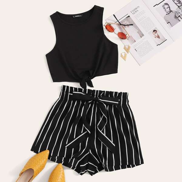 

Plus Tie Hem Top & Paperbag Waist Striped Shorts Set, Black