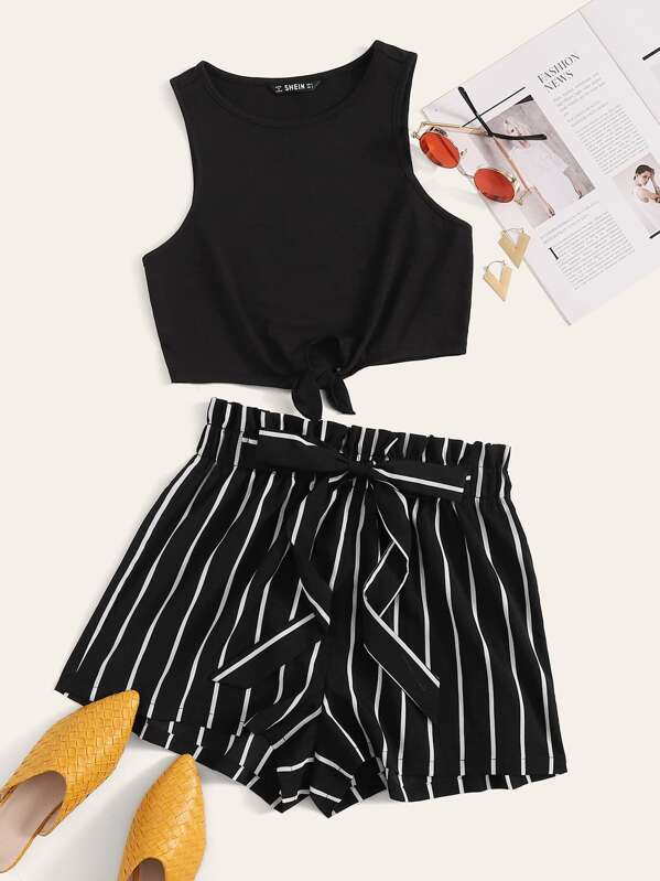 

Plus Tie Hem Top & Paperbag Waist Striped Shorts Set, Black
