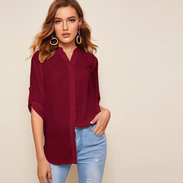 

Solid Tab Sleeve High Low Curved Shirt, Burgundy