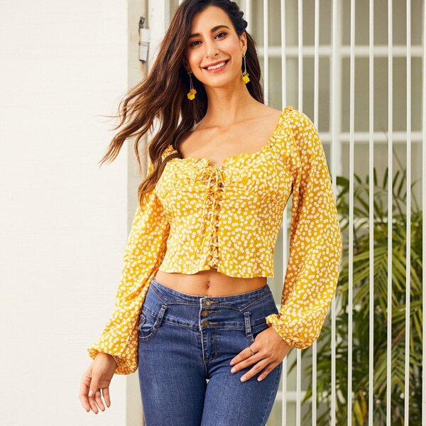 

SBetro Ditsy Floral Print Lace Up Front Top, Yellow