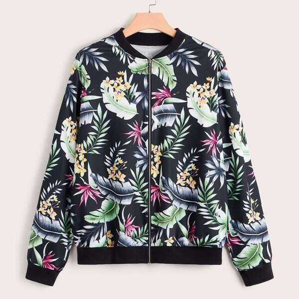 

Plus Tropical Print O-ring Zip Up Bomber Jacket