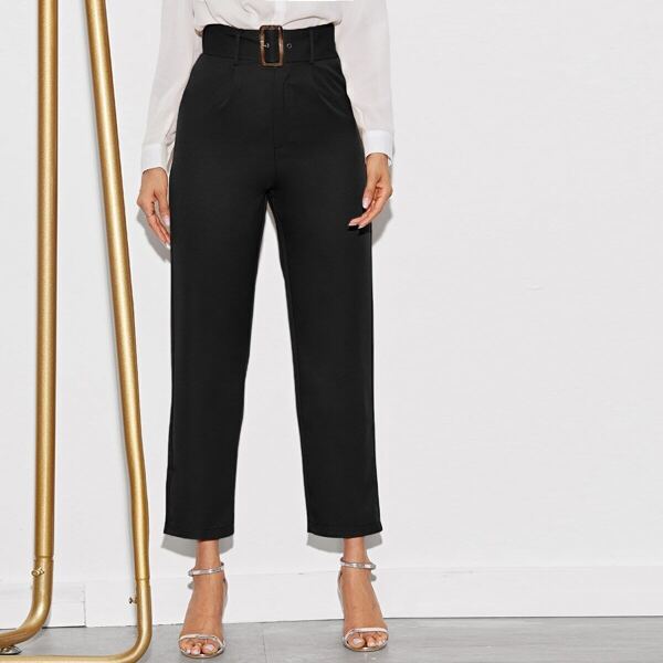 

Solid Belted Crop Straight Leg Pants, Black