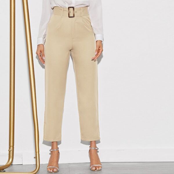 

Solid Belted Crop Straight Leg Pants, Khaki pastel